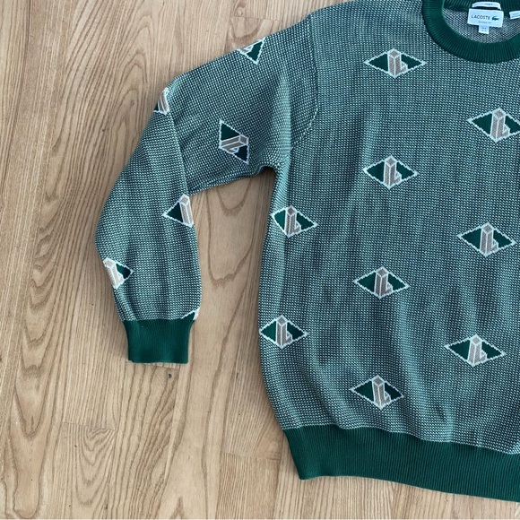 Lacoste Monogram Jacquard Logo Crewneck Sweater Green Paris Preppy Heritage XL - Picture 3 of 7